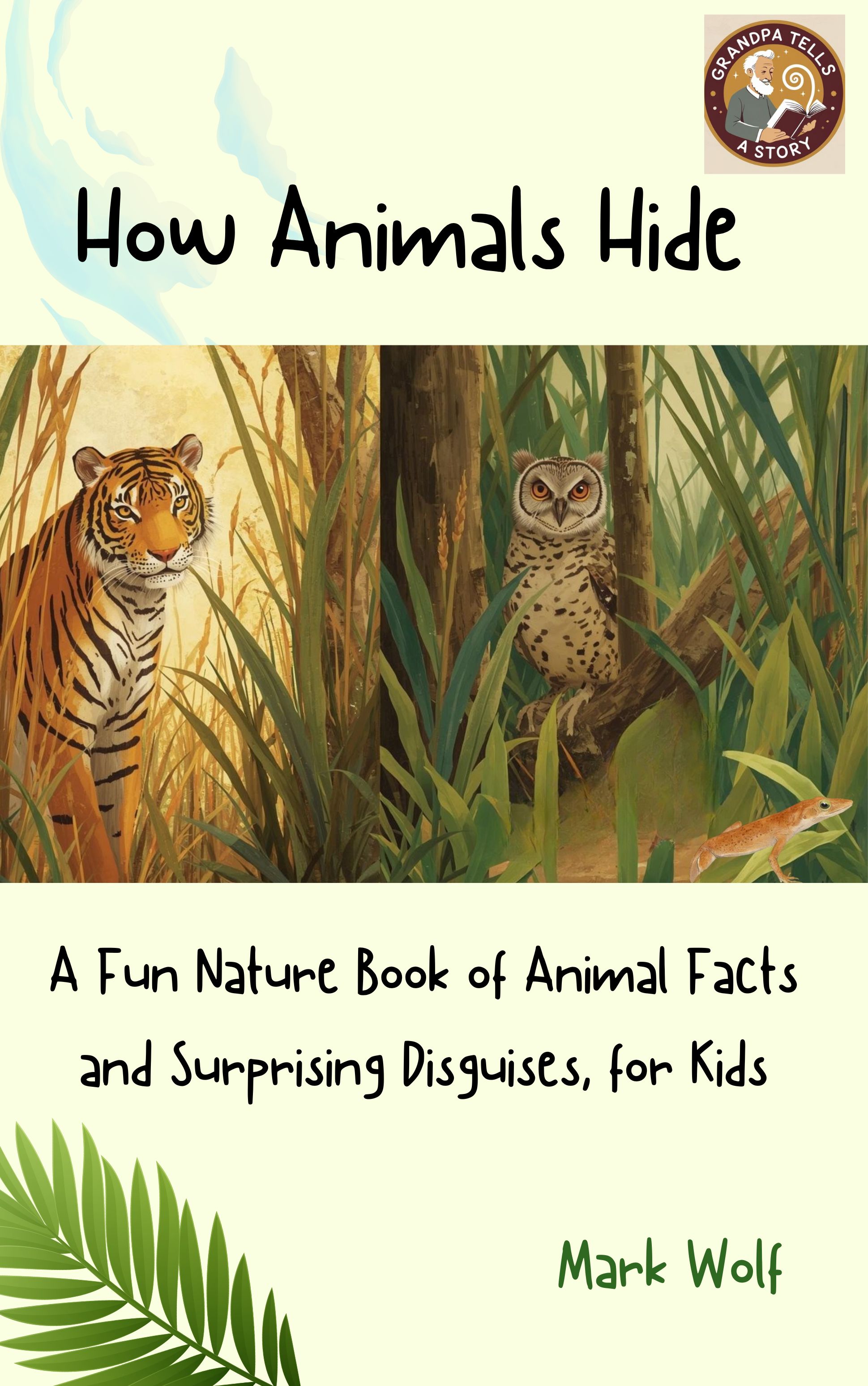 Book cover of How Animals Hide by Mark Wolf. A Tiger, an Owl and a small lizard are partly hidden in a green jungle.