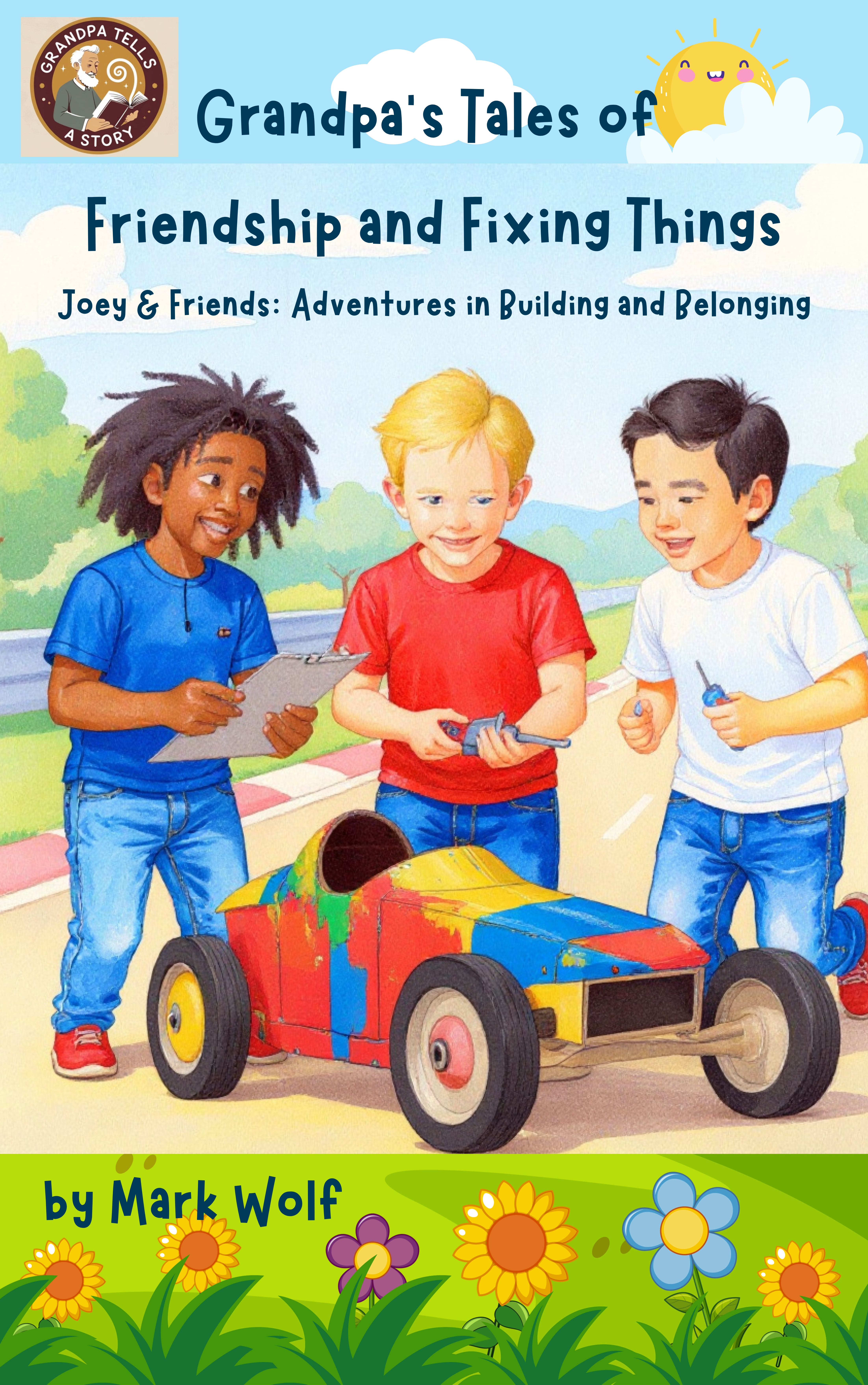 Book cover of Grandpa's Tales of Friendship and Fixing Things by Mark Wolf showing three boys proudly standing over a car they built together.